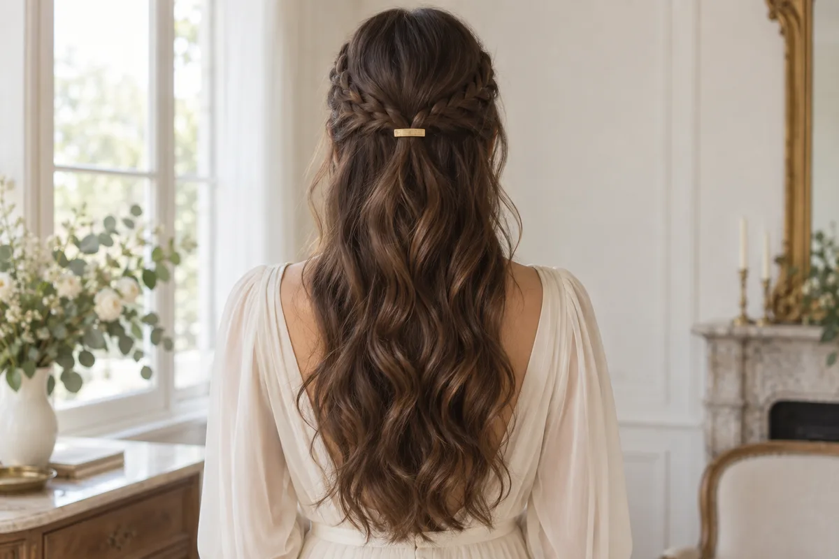Semi-attaché de mariage avec deux fines tresses rejointes à l’arrière du crâne, cheveux bruns ondulés vus de dos