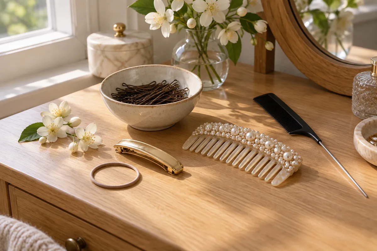 Épingles à cheveux crantées, peigne décoratif orné de perles, barrette dorée et fleurs blanches sur une coiffeuse en bois clair