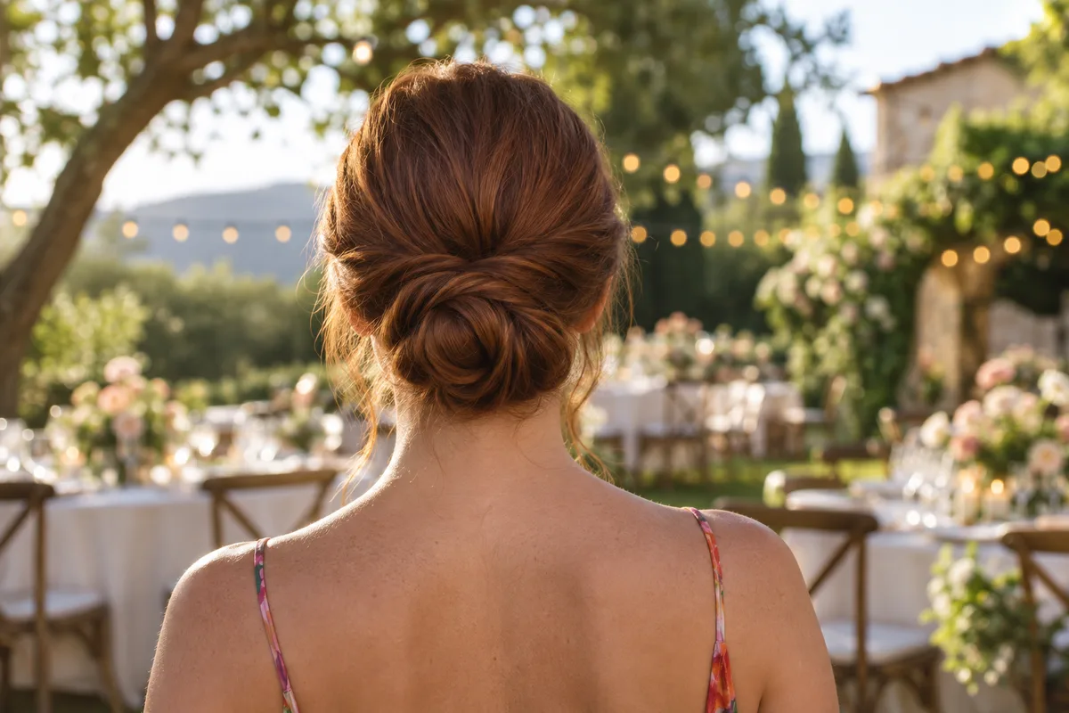 Invitée de mariage aux cheveux mi-longs auburn coiffés en chignon bas simple, vue de dos dans un jardin ensoleillé