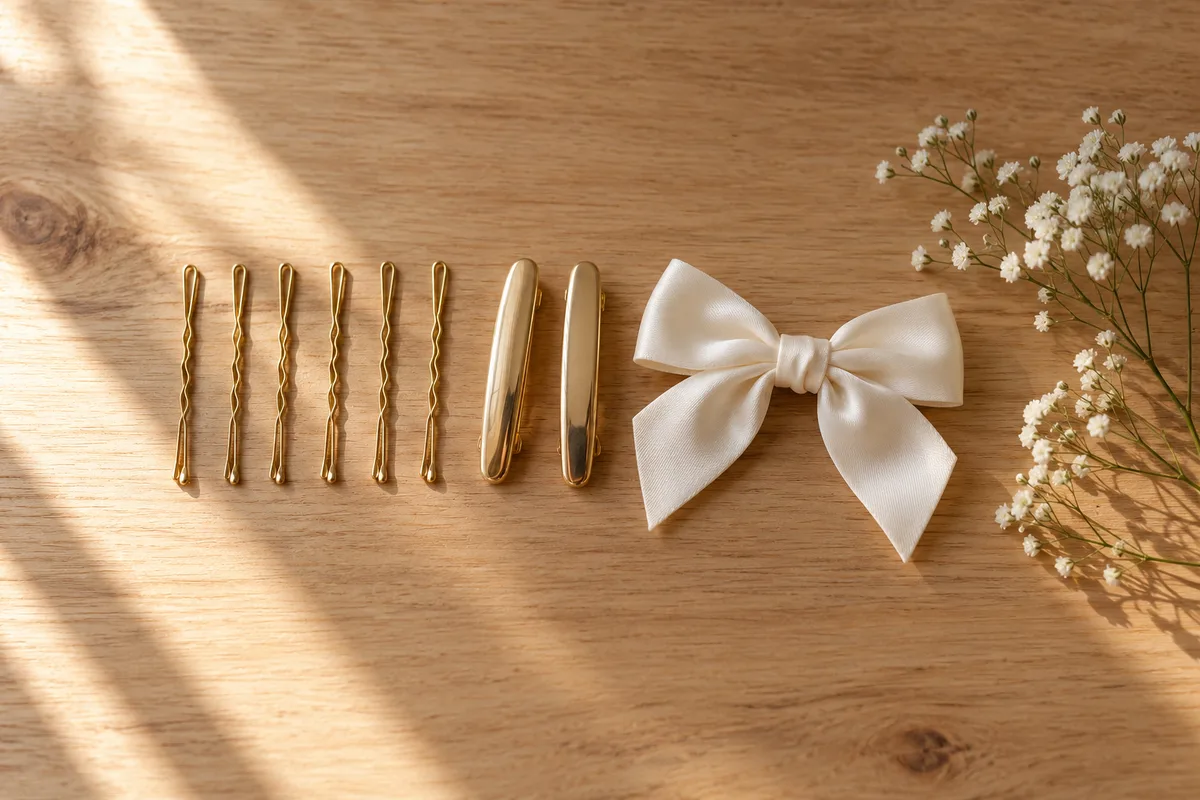 Épingles crantées dorées, barrettes unies, nœud de satin ivoire et brins de gypsophile sur une table en bois clair