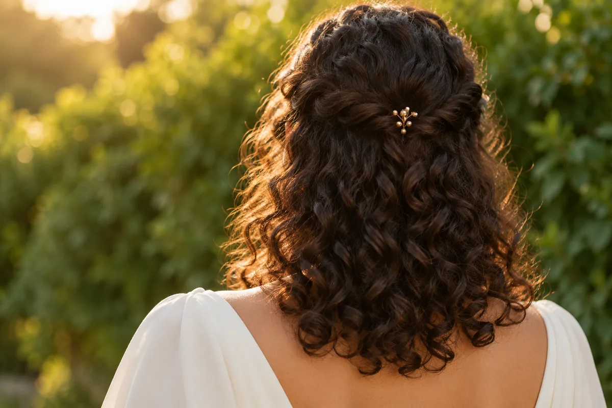 Cheveux bouclés brun foncé en demi-attaché vus de dos, deux mèches torsadées retenues par une épingle dorée