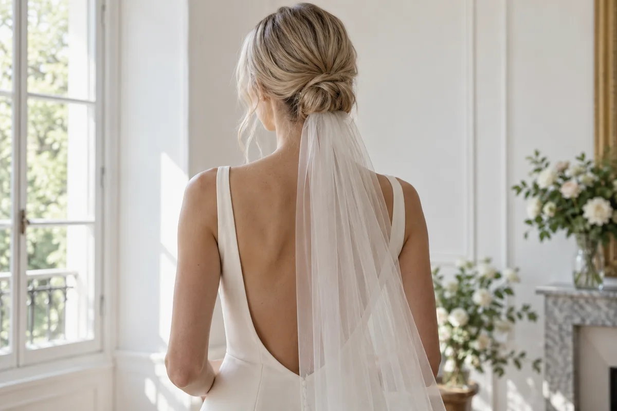Chignon bas souple sur cheveux fins blond cendré, robe ivoire au dos dégagé et voile de tulle léger, vue de dos