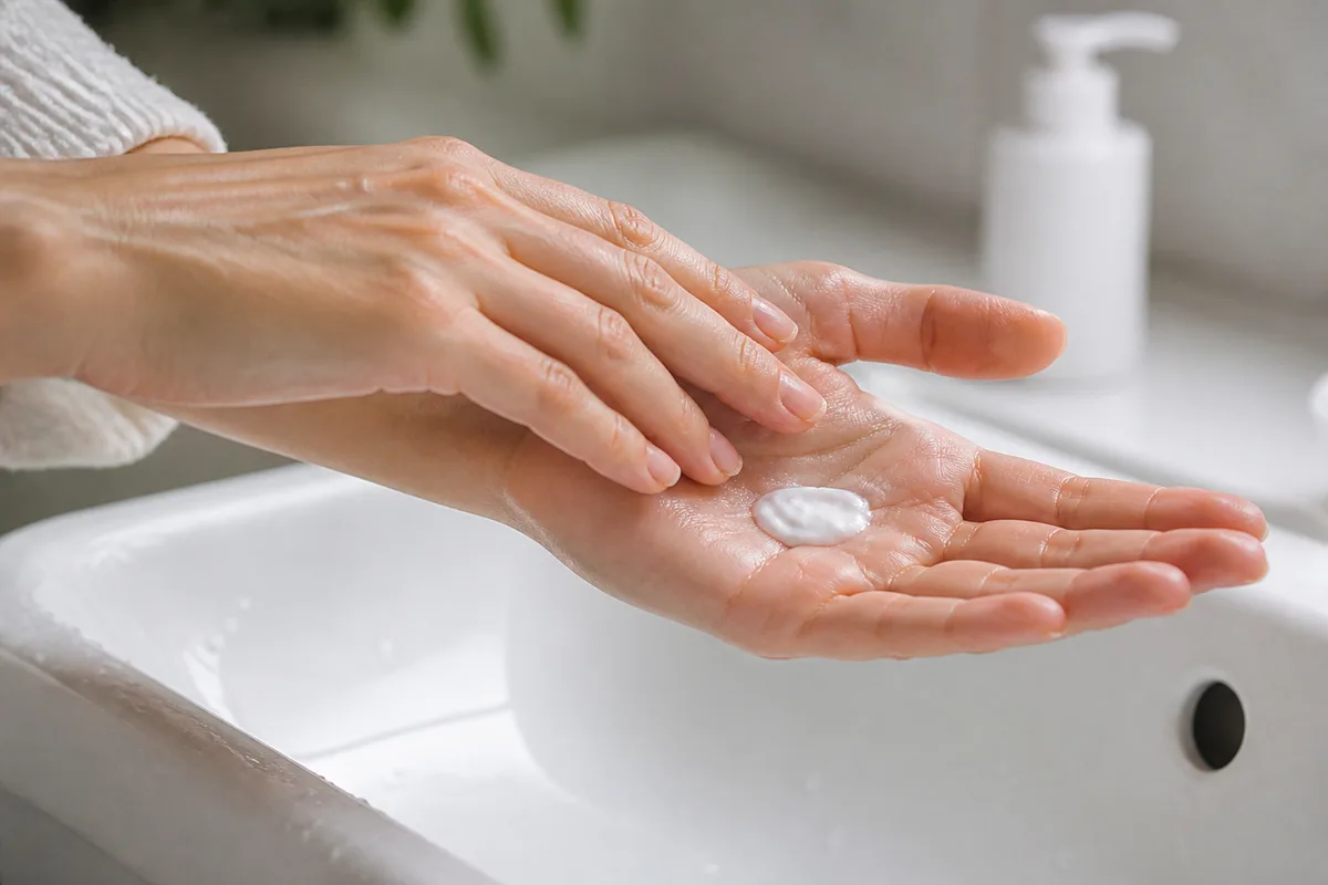 Mains versant un shampoing doux dans une paume au-dessus d’un lavabo de salle de bain