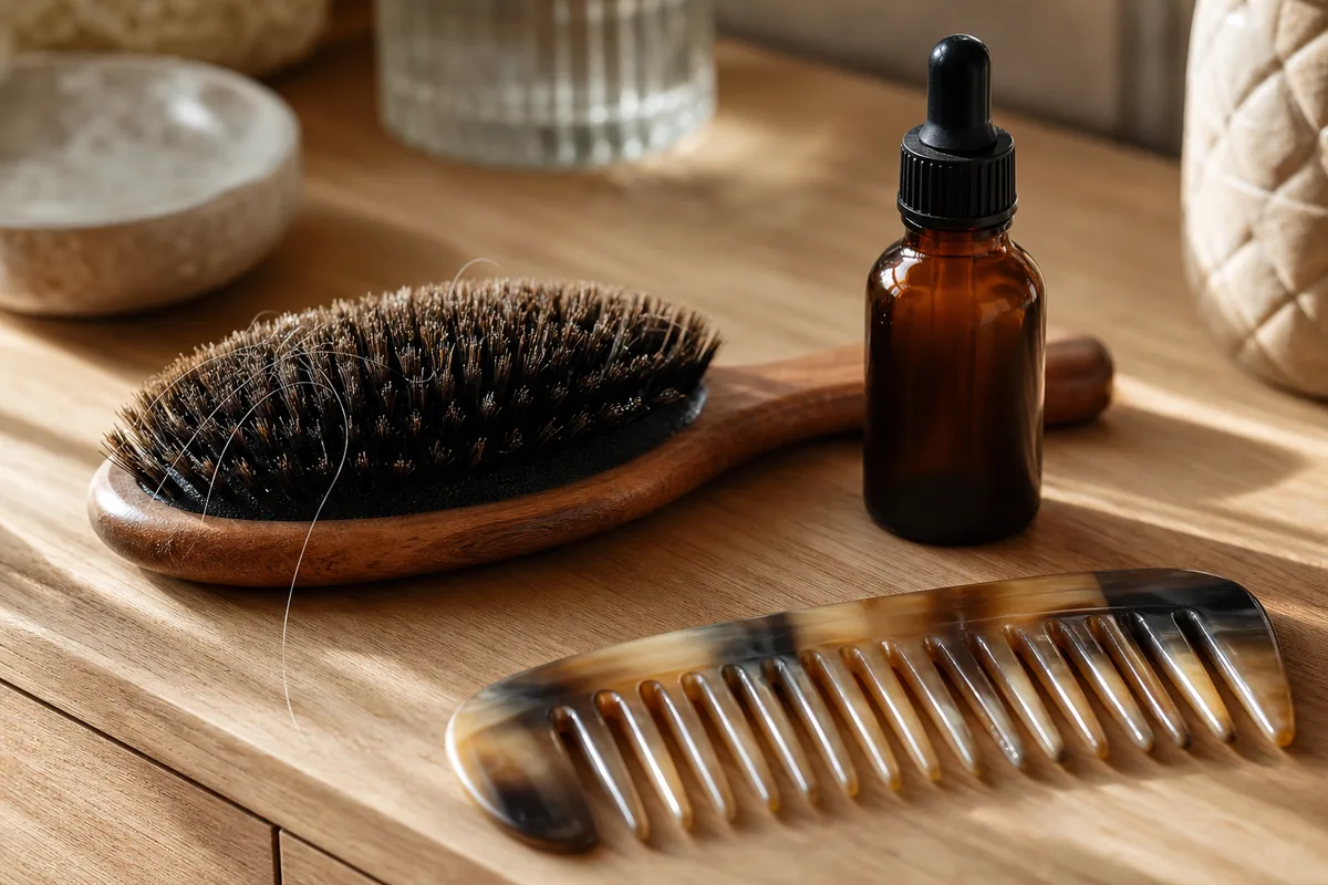 Brosse en poils de sanglier posée sur une coiffeuse en bois avec un flacon de sérum sans étiquette