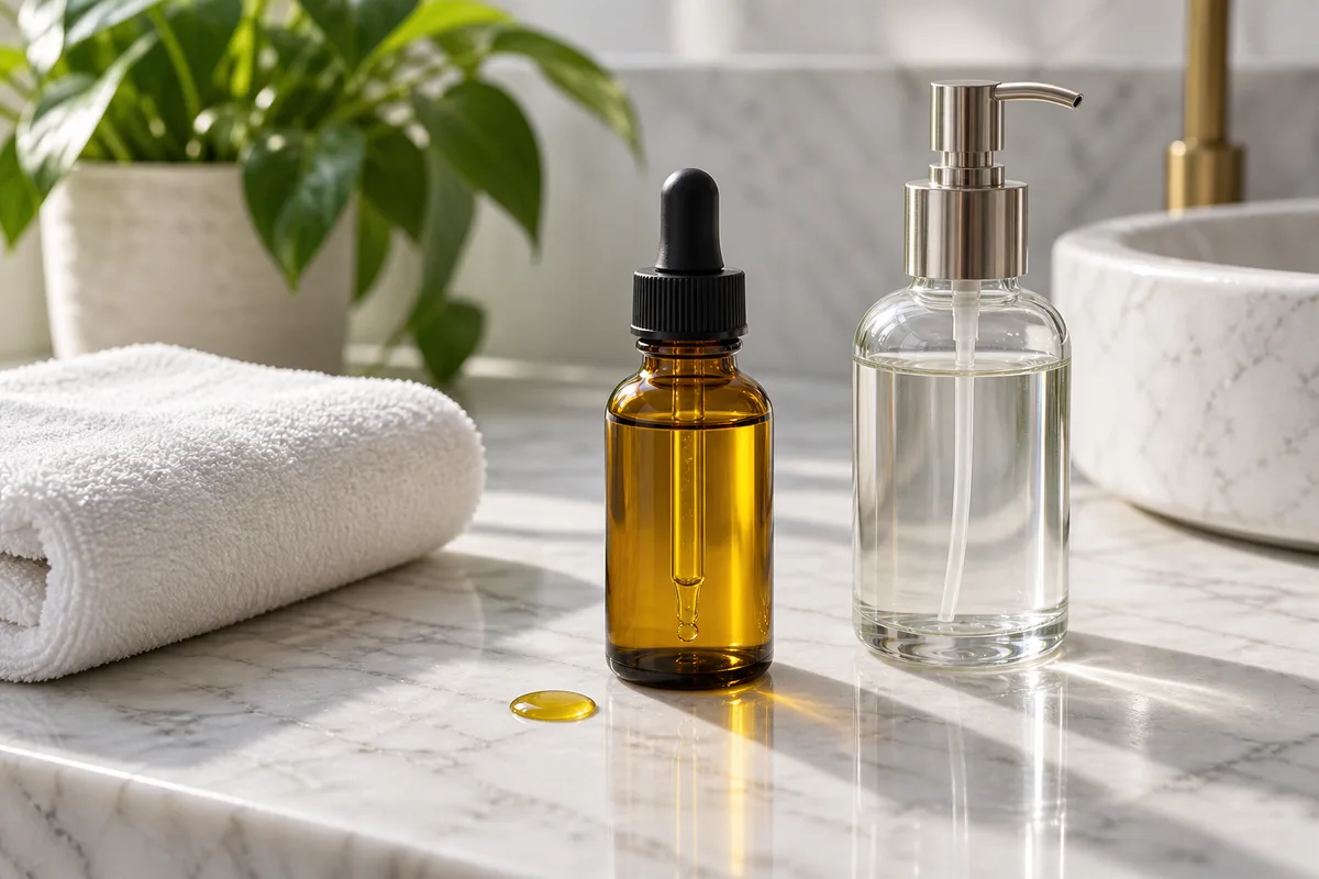 Flacon compte-gouttes d’huile ambrée et flacon pompe de sérum transparent, sans étiquette, sur une tablette de salle de bain
