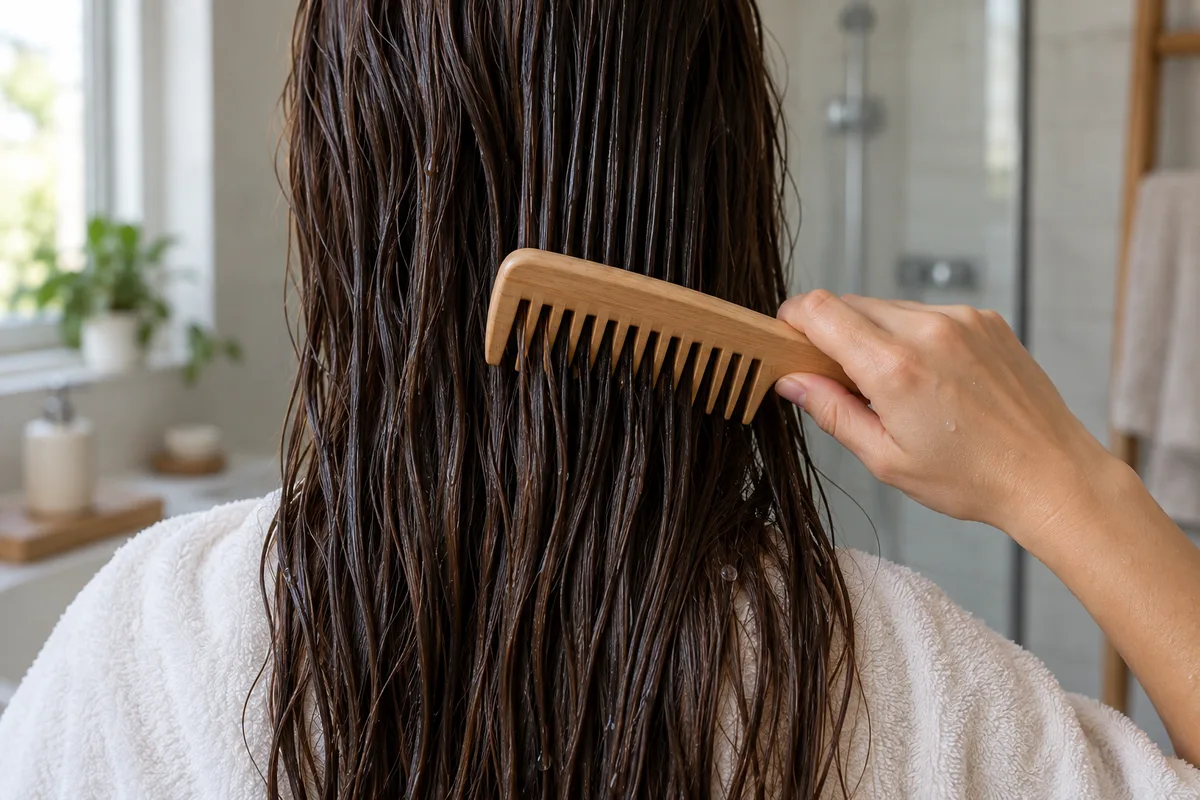 Peigne à dents larges passé dans de longues mèches humides après l’application d’un soin, vue de dos
