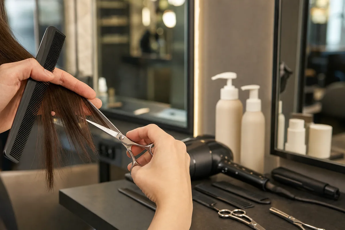 Poste de coiffage dans un salon de coiffure lumineux, miroirs et produits professionnels, un coiffeur en action de dos