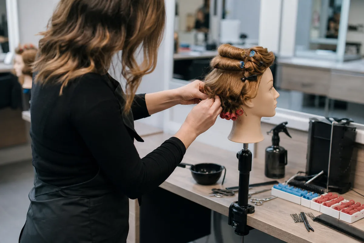 Apprentie coiffure s&rsquo;exerçant sur une tête à coiffer dans un centre de formation, ciseaux et peignes sur l&rsquo;établi
