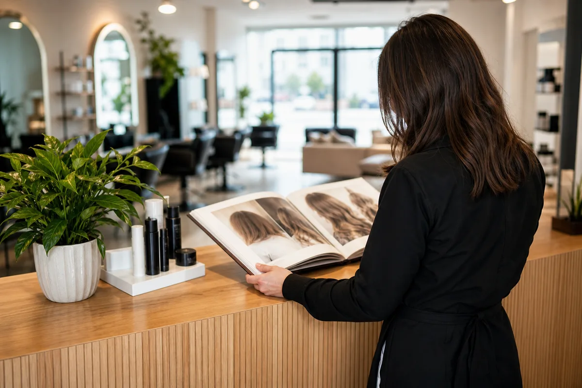 Comptoir d&rsquo;accueil d&rsquo;un salon de coiffure, un coiffeur consulte un book de réalisations, ambiance professionnelle