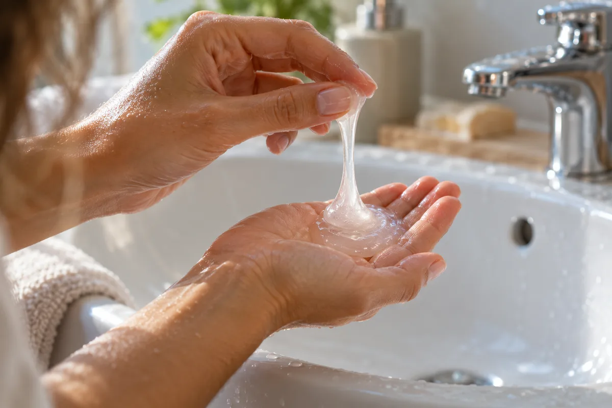 Goutte de shampooing nacré éprouvée entre le pouce et l&rsquo;index au-dessus d&rsquo;une vasque blanche