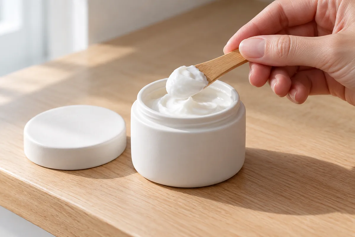 Crème capillaire prélevée à la spatule en bambou dans un bocal de céramique blanche
