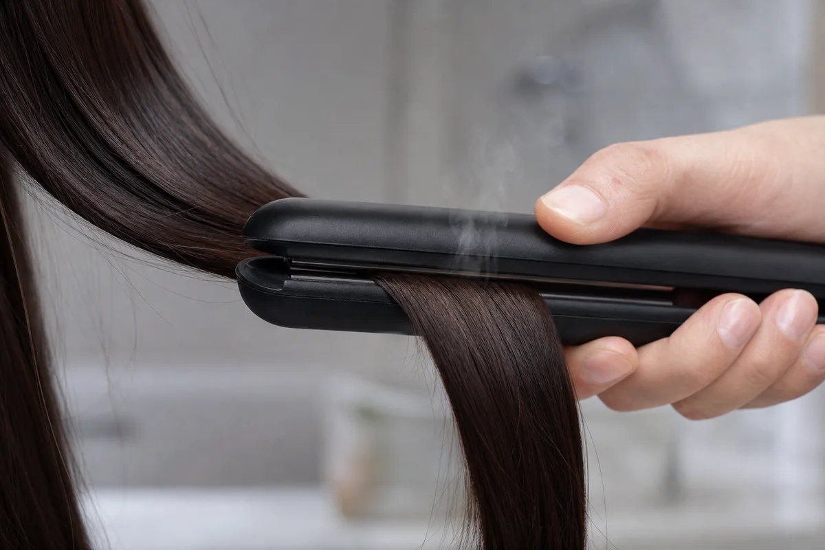 Mèche de cheveux bruns tenue entre les plaques d&rsquo;un fer à lisser fermé, vapeur légère visible