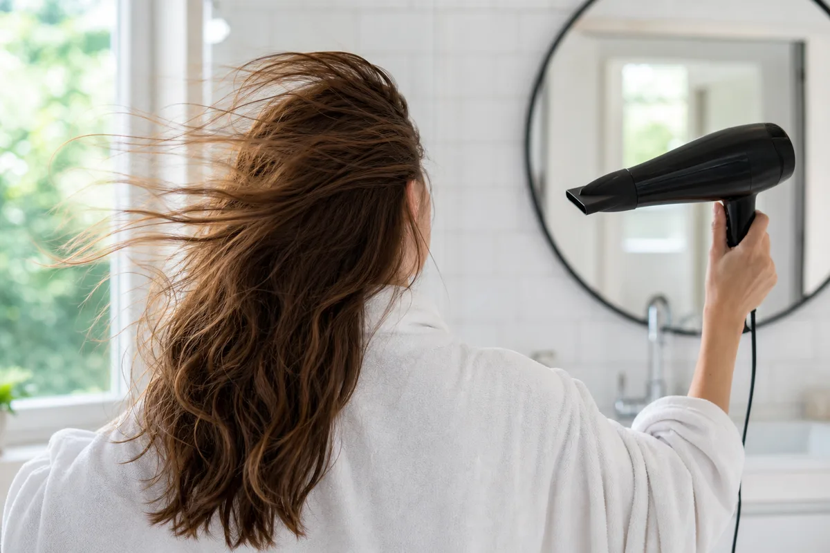 Sèche-cheveux tenu à distance au-dessus d&rsquo;une longue chevelure châtain, salle de bain lumineuse