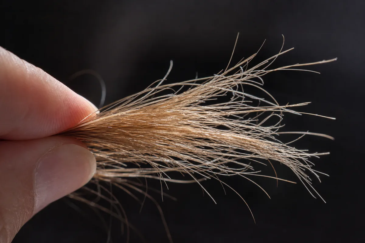 Gros plan sur des pointes de cheveux blonds abîmées, fibres sèches et dédoublées, lumière rasante